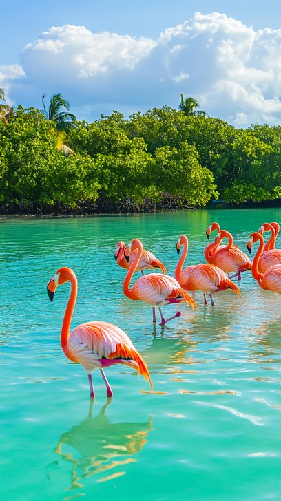 Wilde Flamingos im türkisfarbenen Binnengewässer Curaçaos