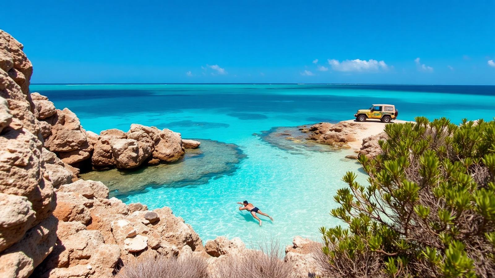 Snorkeler in a turquoise Curaçao cove with a jeep parked on the coastal cliff above