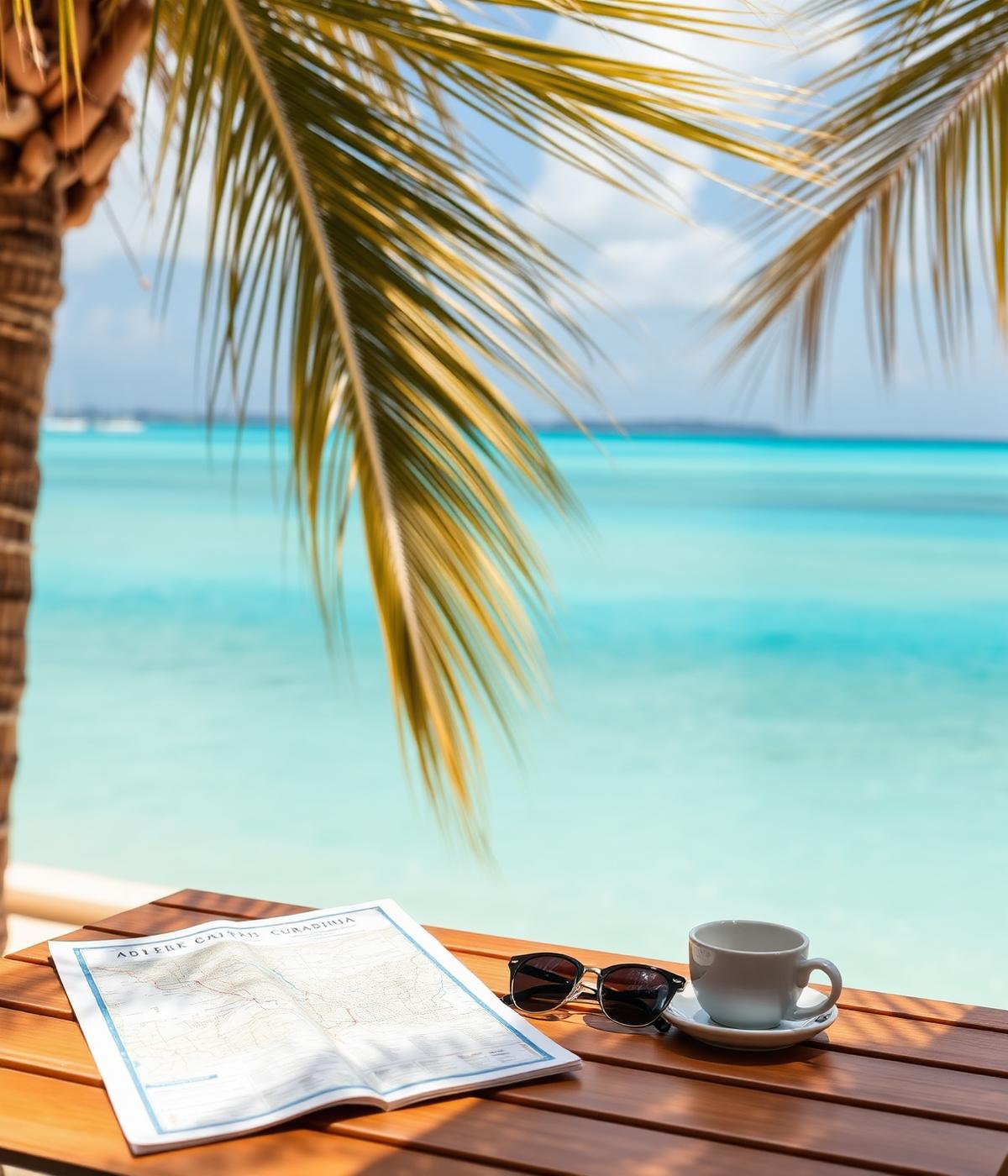 Map, sunglasses and coffee on a wooden table overlooking a turquoise Caribbean bay
